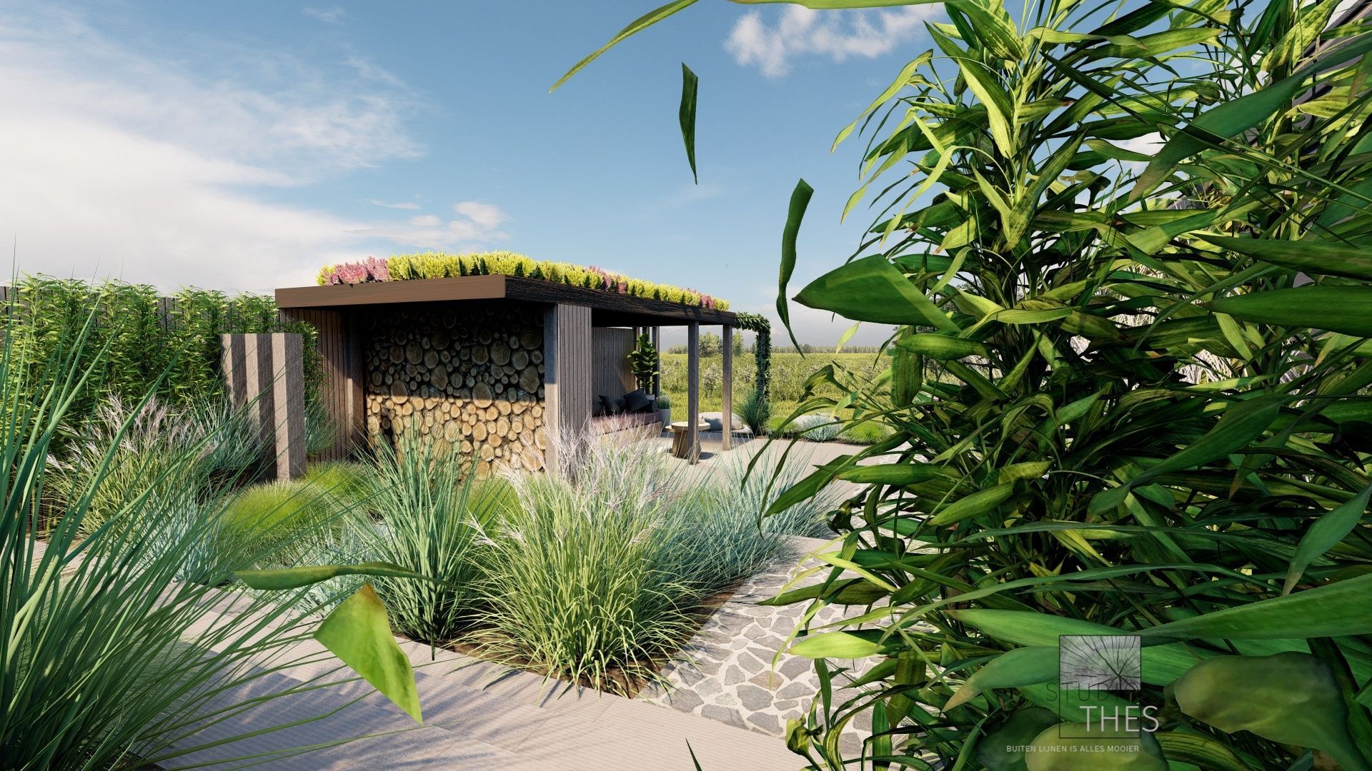 Een 3D-weergave van een huis met een groen dak omgeven door planten.