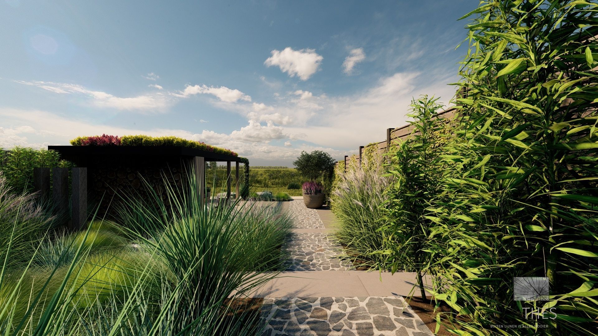 Een impressie van een tuin met een stenen pad omgeven door bomen en gras.