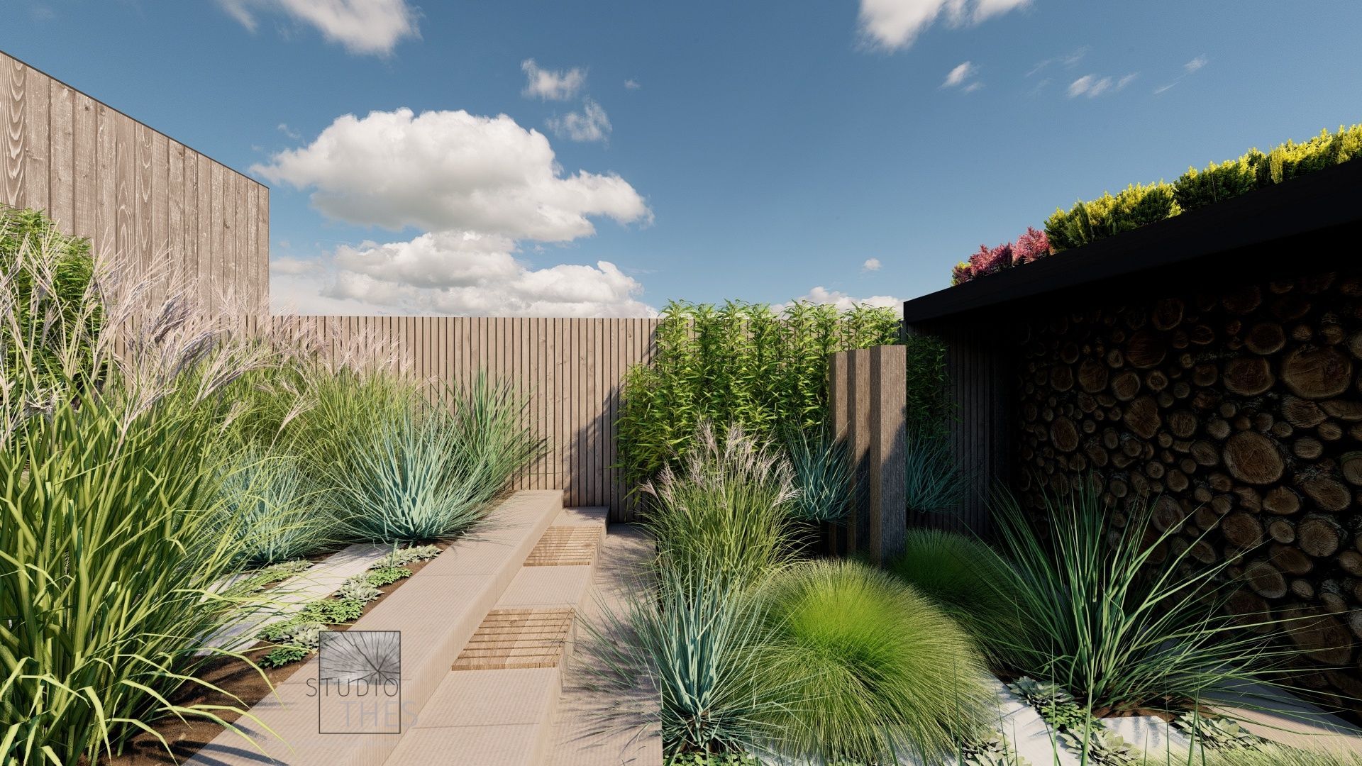 Een weergave van een tuin met een houten hek en een stenen muur.