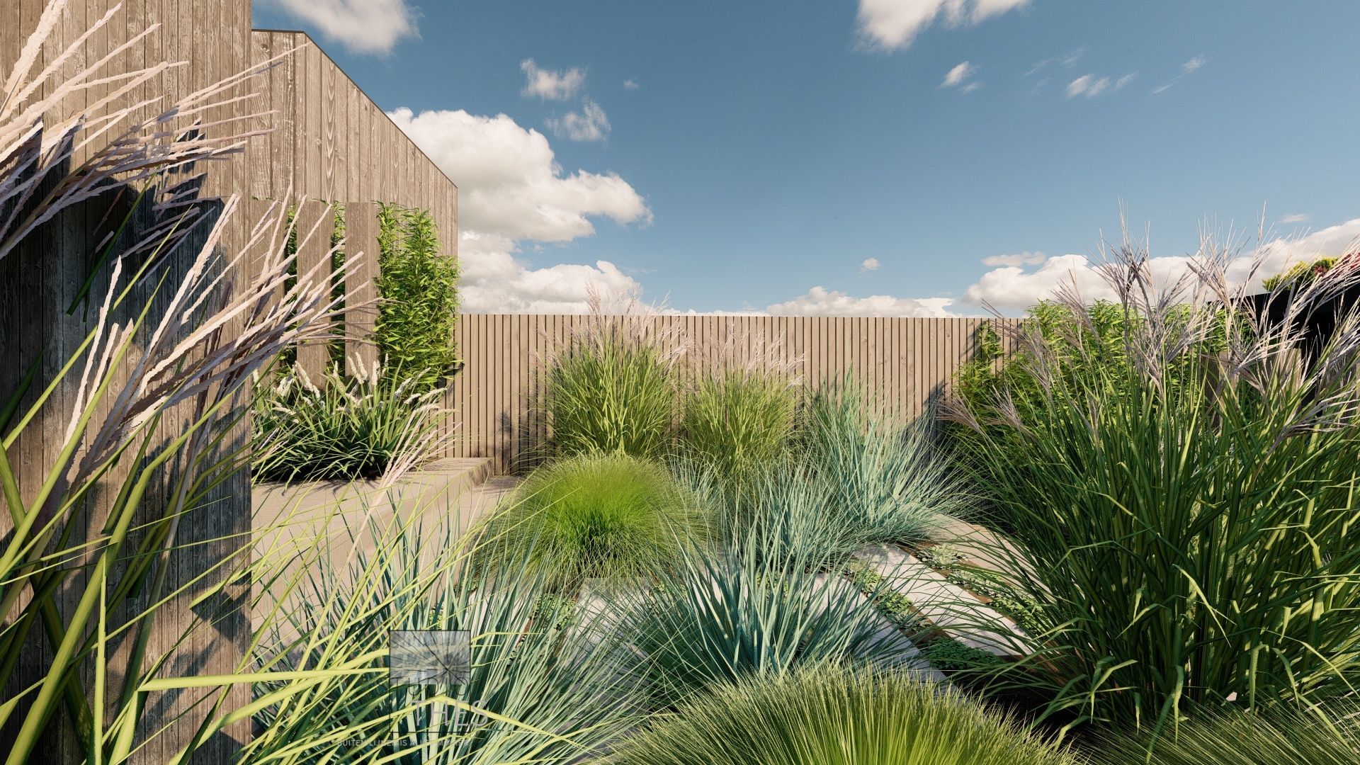 Een 3D-weergave van een tuin met een houten hek en veel planten.