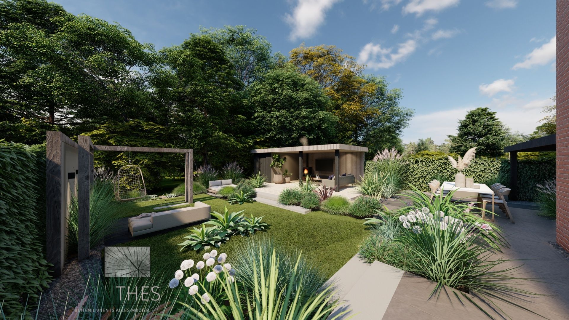 Een impressie van een tuin met een prieel, een tafel en stoelen.