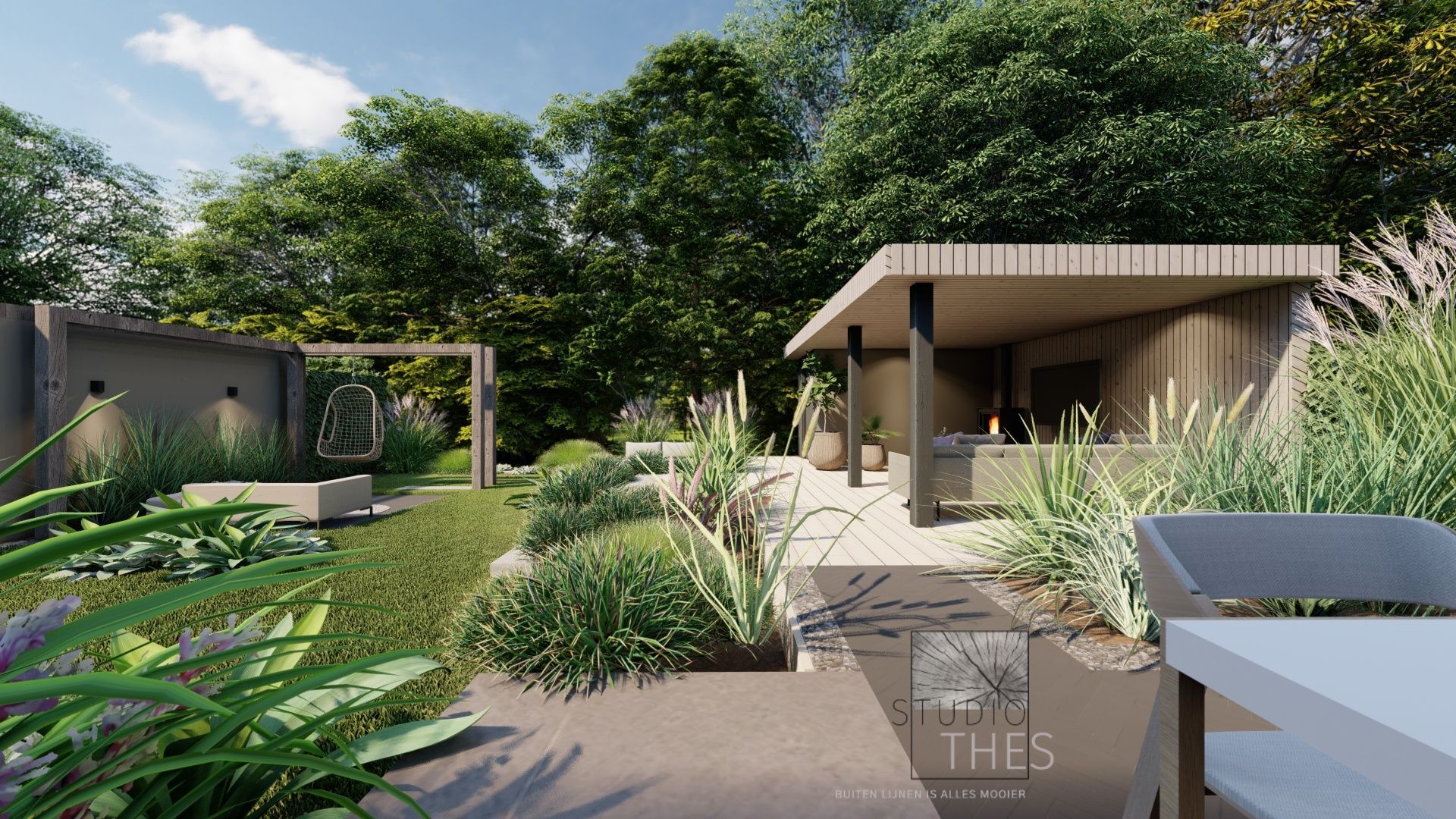 Een impressie van een tuin met een huis op de achtergrond.