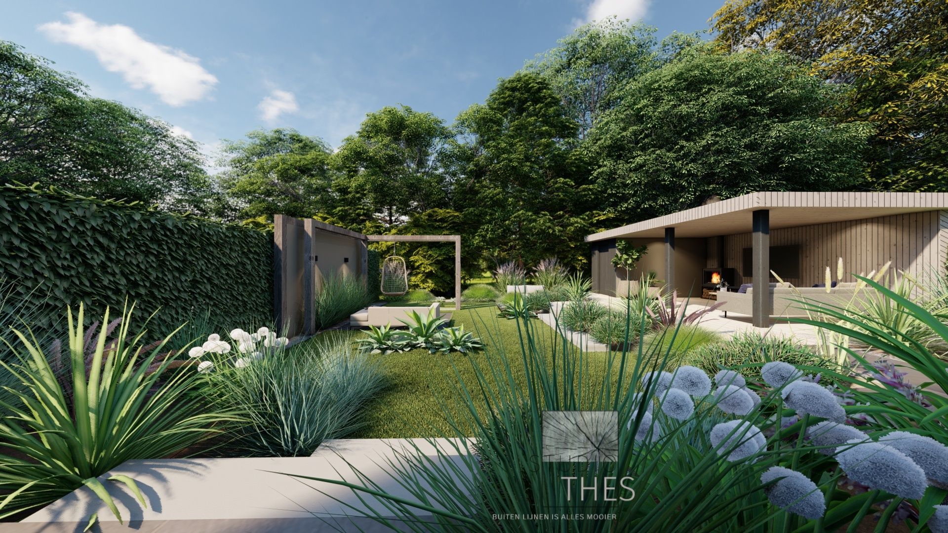 Een impressie van een tuin met een huis op de achtergrond.