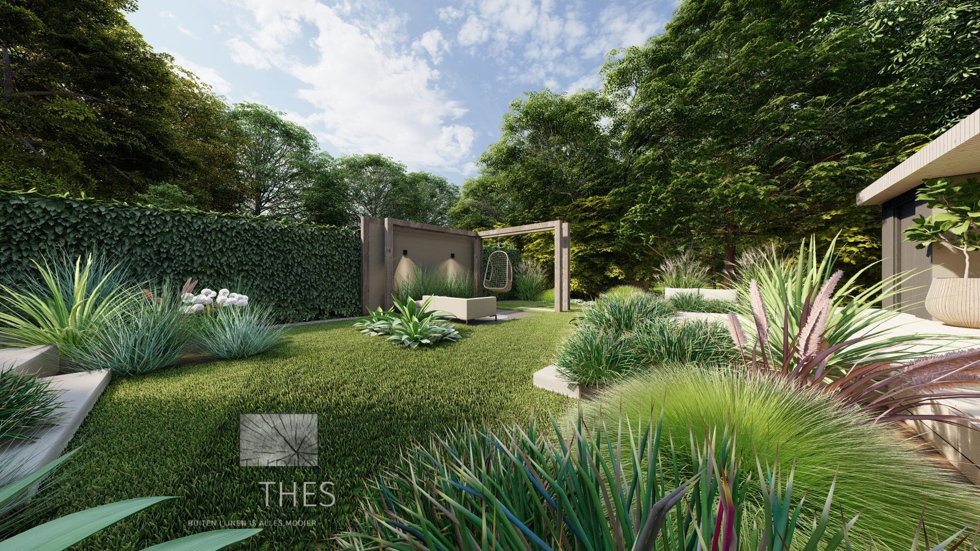 Een 3D-weergave van een tuin met veel planten en bomen.