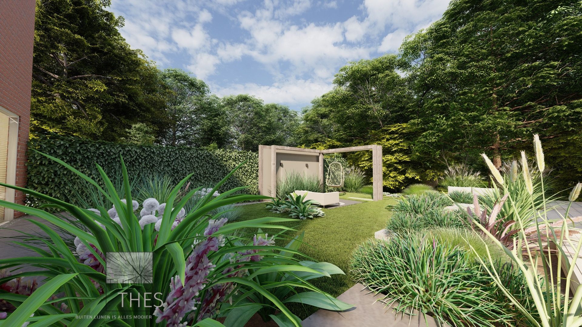 Een 3D-weergave van een tuin met veel planten en bomen.