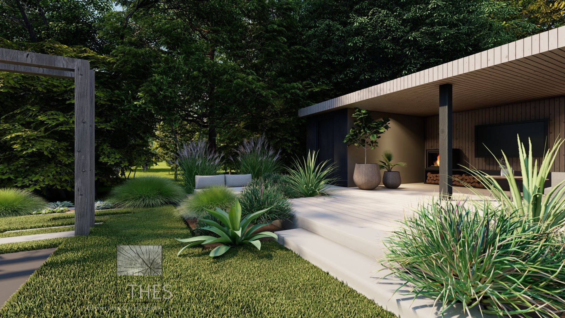 Een 3D-weergave van een huis met een weelderig groen gazon en bomen op de achtergrond.