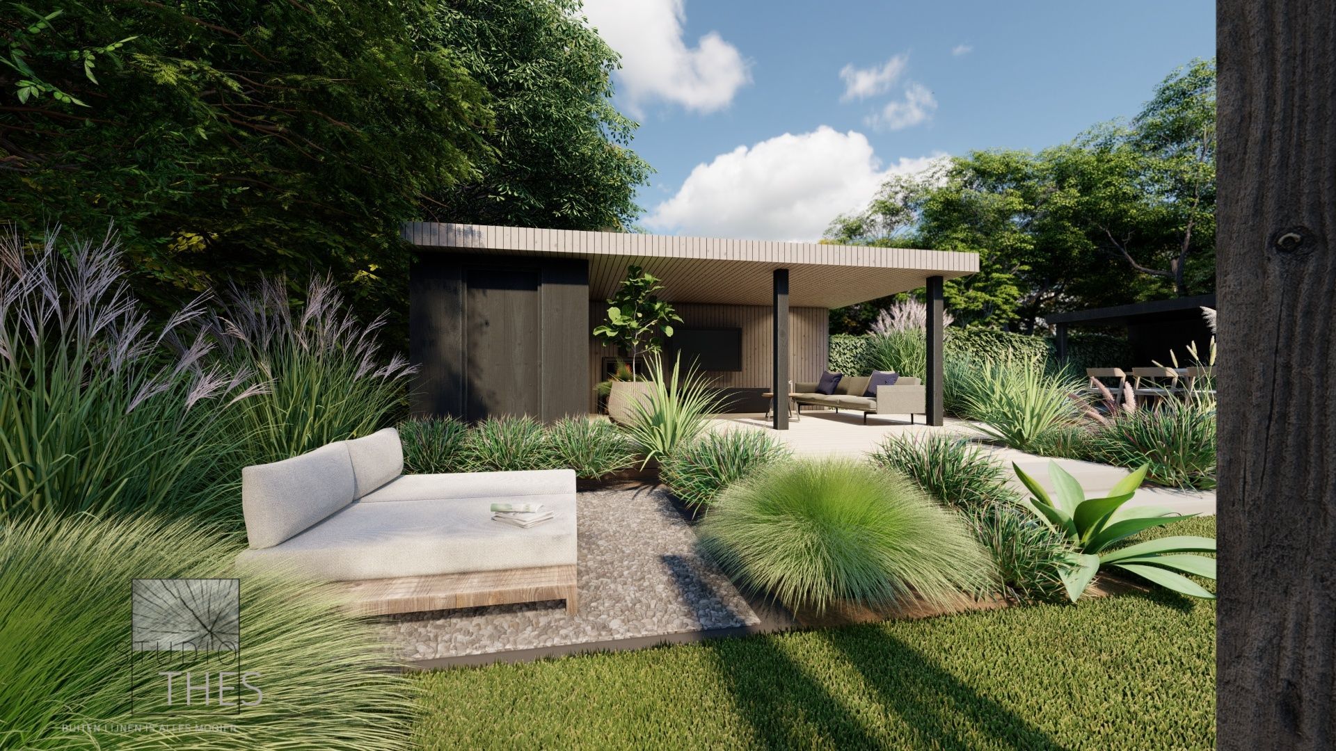 Een 3D-weergave van een tuin met een bank en een prieel.