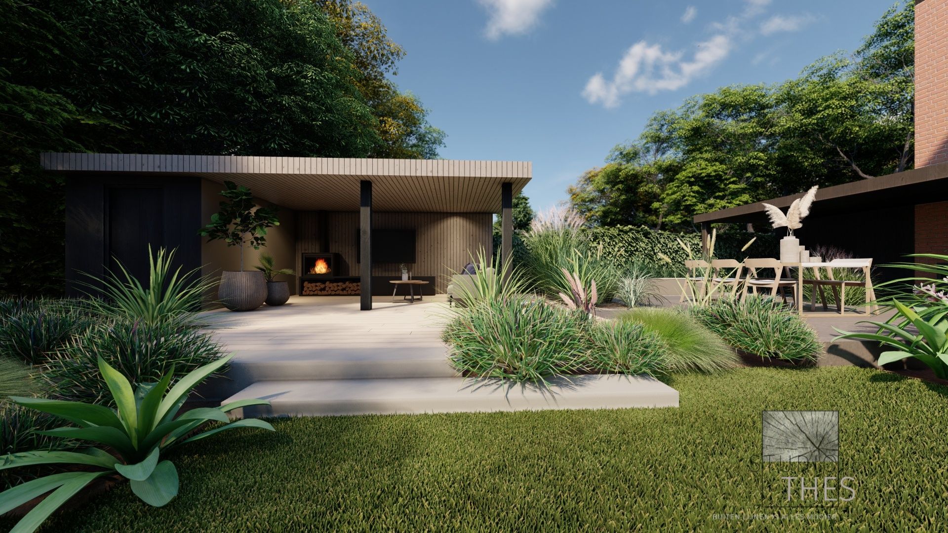 Een weergave van een huis met een terras en een open haard in de achtertuin.