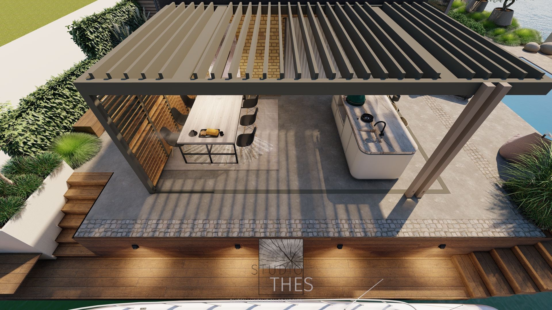 Een ontwerp van een buitenverblijf met lamellen dak en een eettafel en buitenkeuken