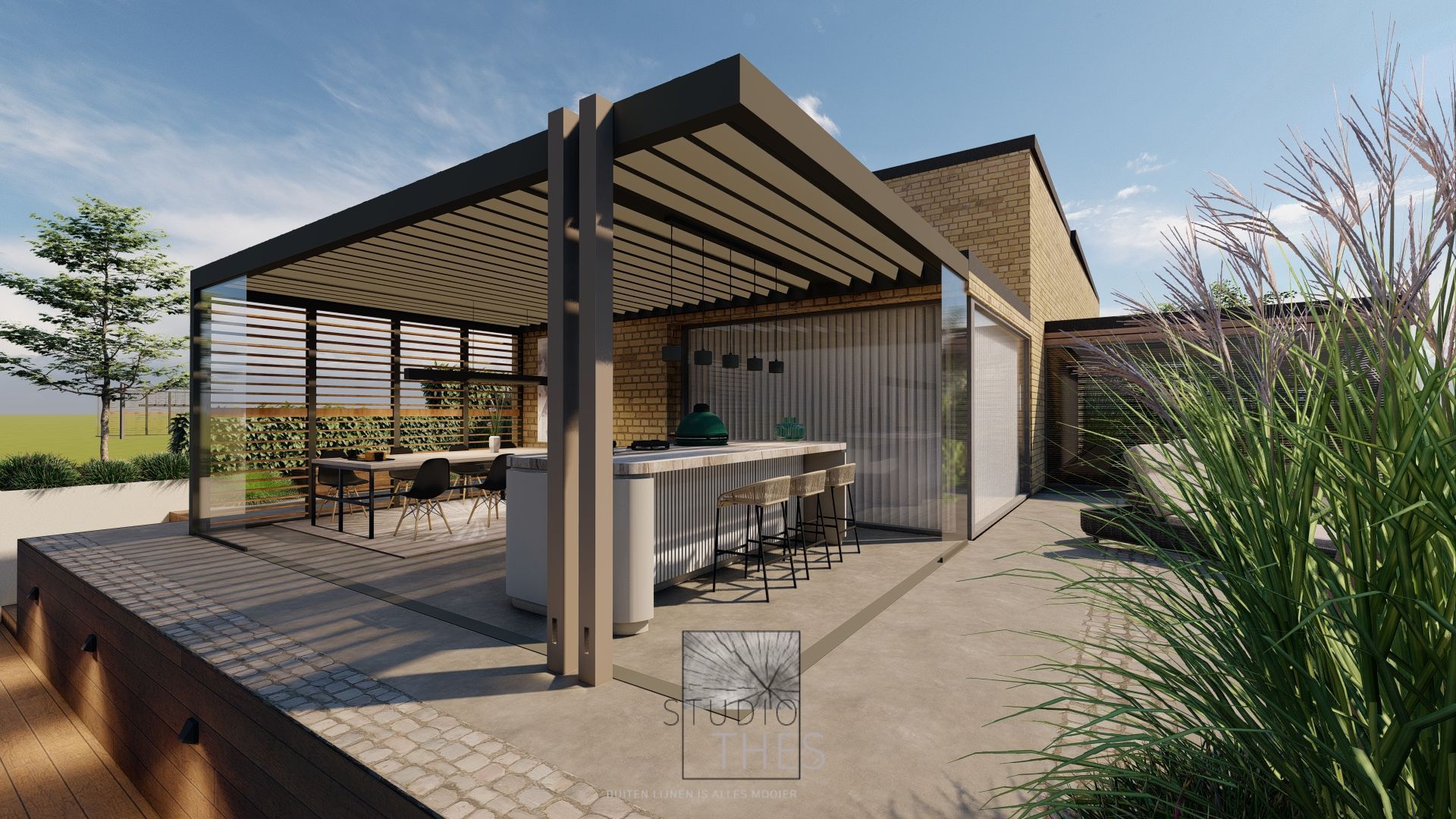 een tuinontwerp van een tuin met een huis en een overkapping met een buitenbar