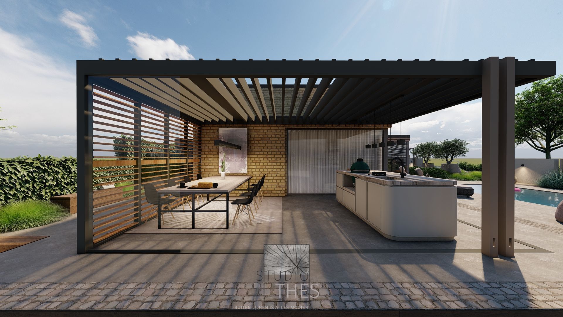 Een overkapping met een lamlellen dak op keramische tegels met een buitenkeuken eronder