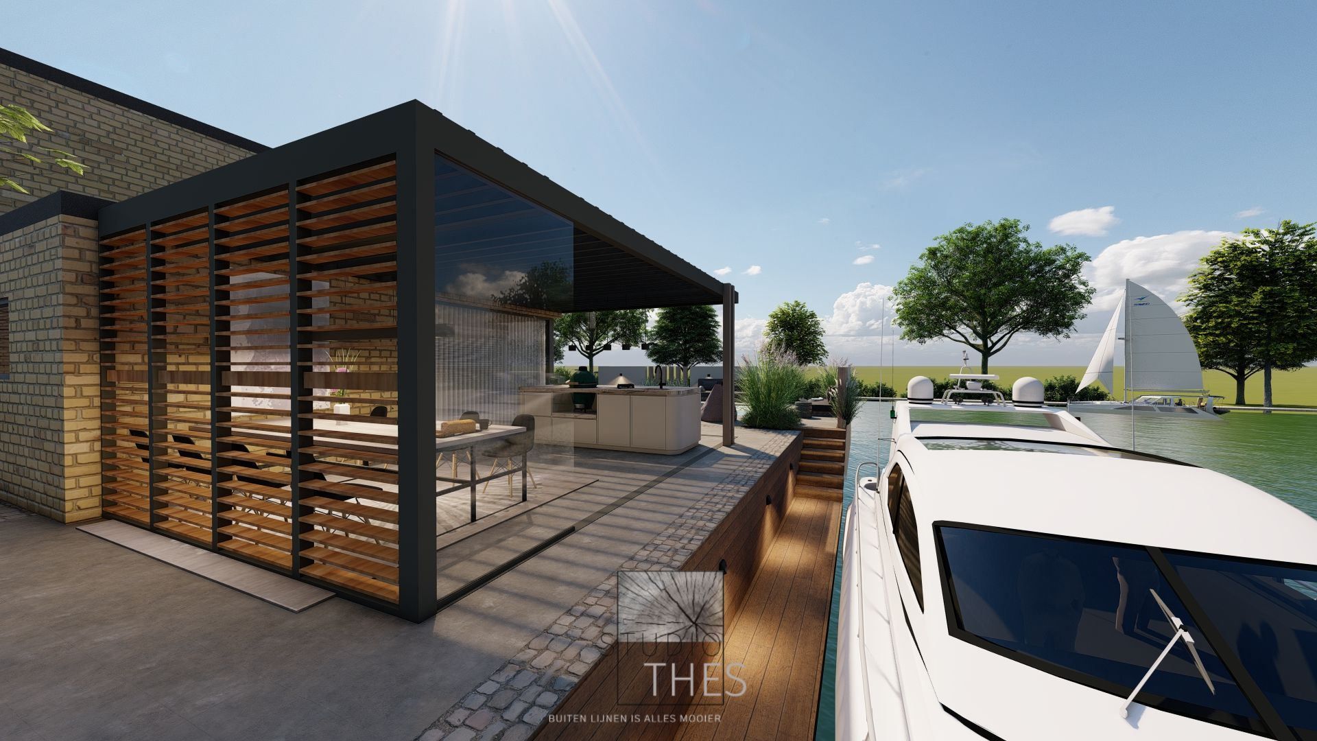 Overkapping aan het water met een boot ervoor. Glazen panelen en een lamellen dak. Eettafel en buitenkeuken