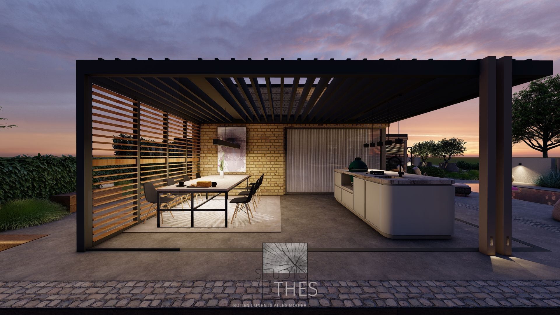 Vooraanzicht van een overkapping met verlichting op keramische tegels met een buitenkeuken eronder van Lusso