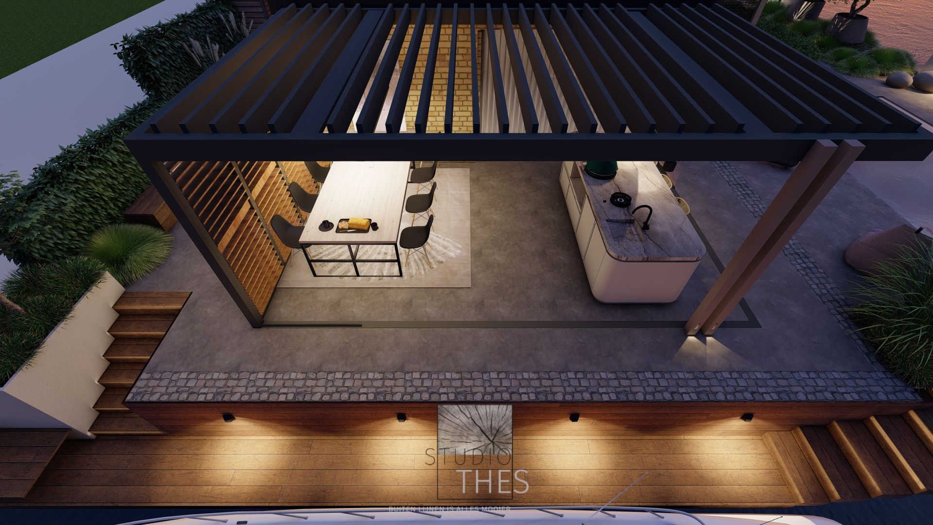 overkapping van Van Ee van aluminium met eettafel en verlichting. Buitenkeuken van Lusso