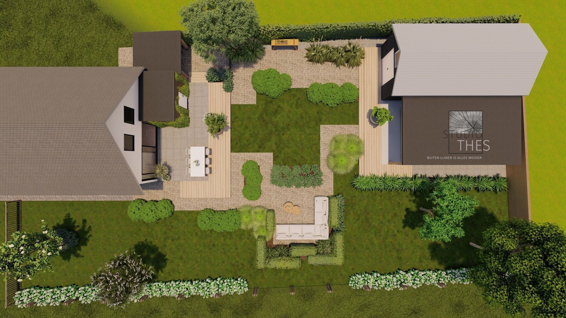 Een luchtfoto van een huis en een tuin.