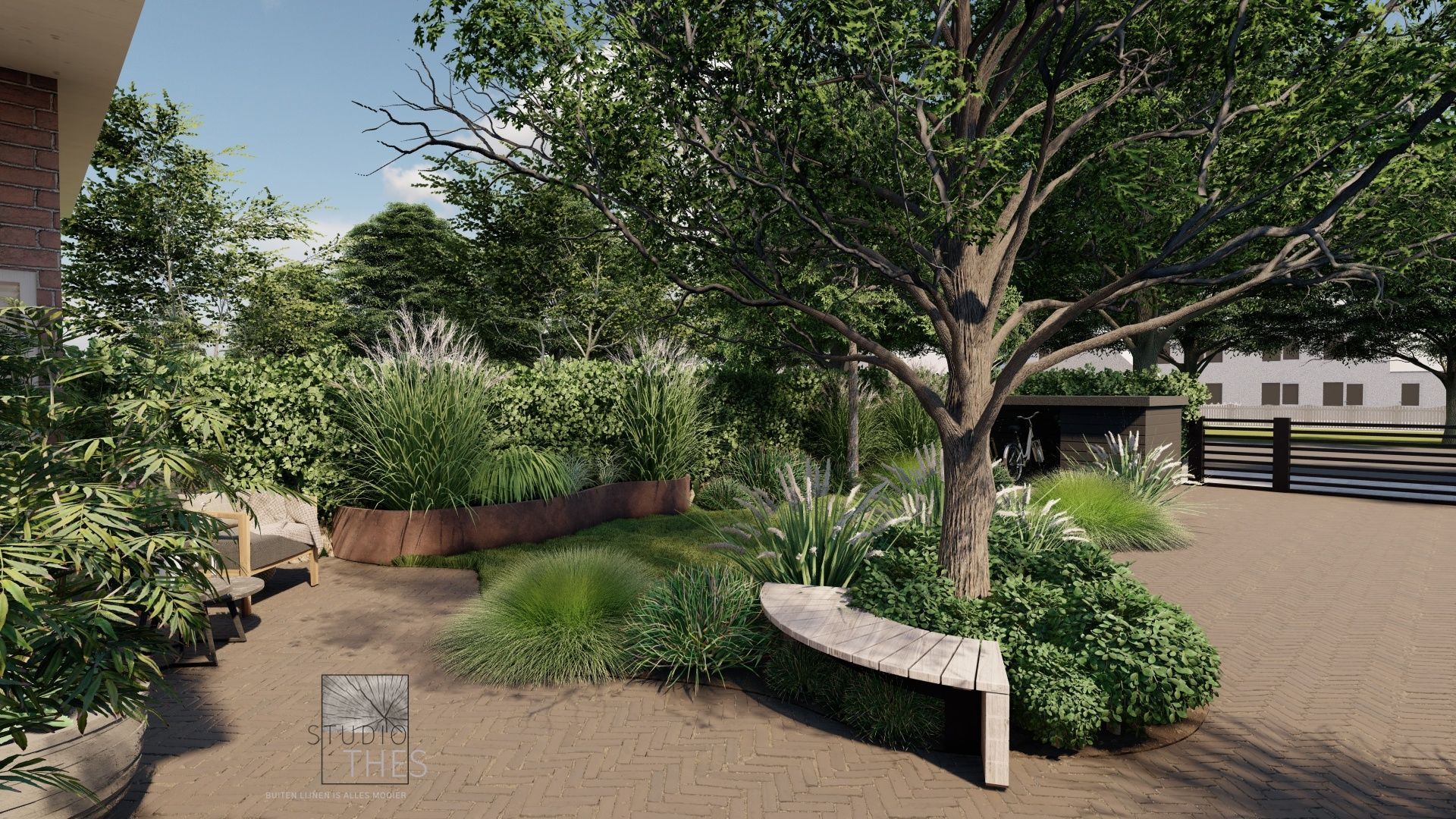 Een impressie van een tuin met een boom en een bankje.