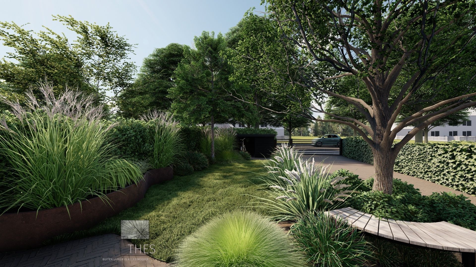 Een impressie van een tuin met bomen en planten.