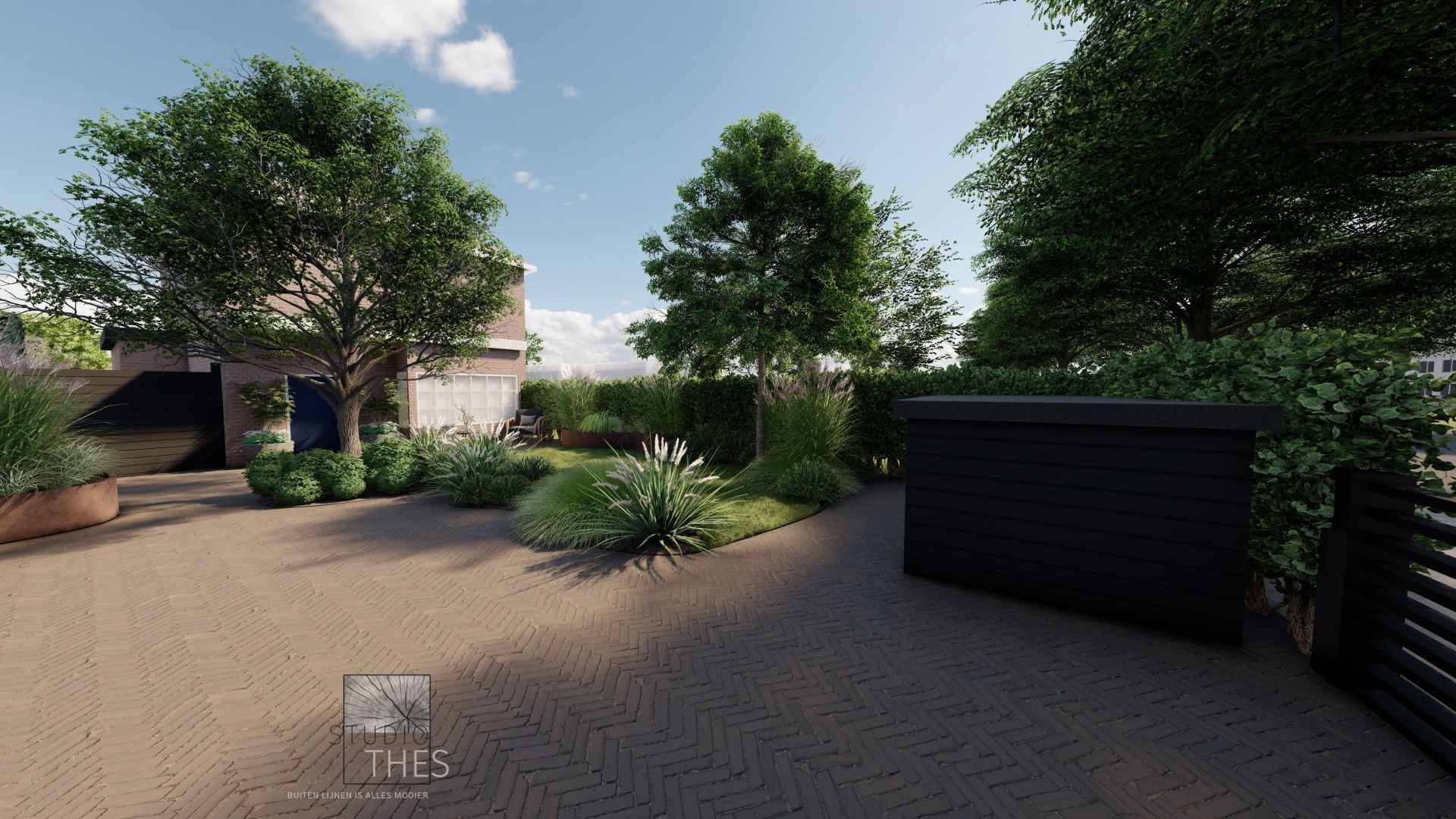 Een weergave van een tuin met bomen en een zwarte doos in het midden.