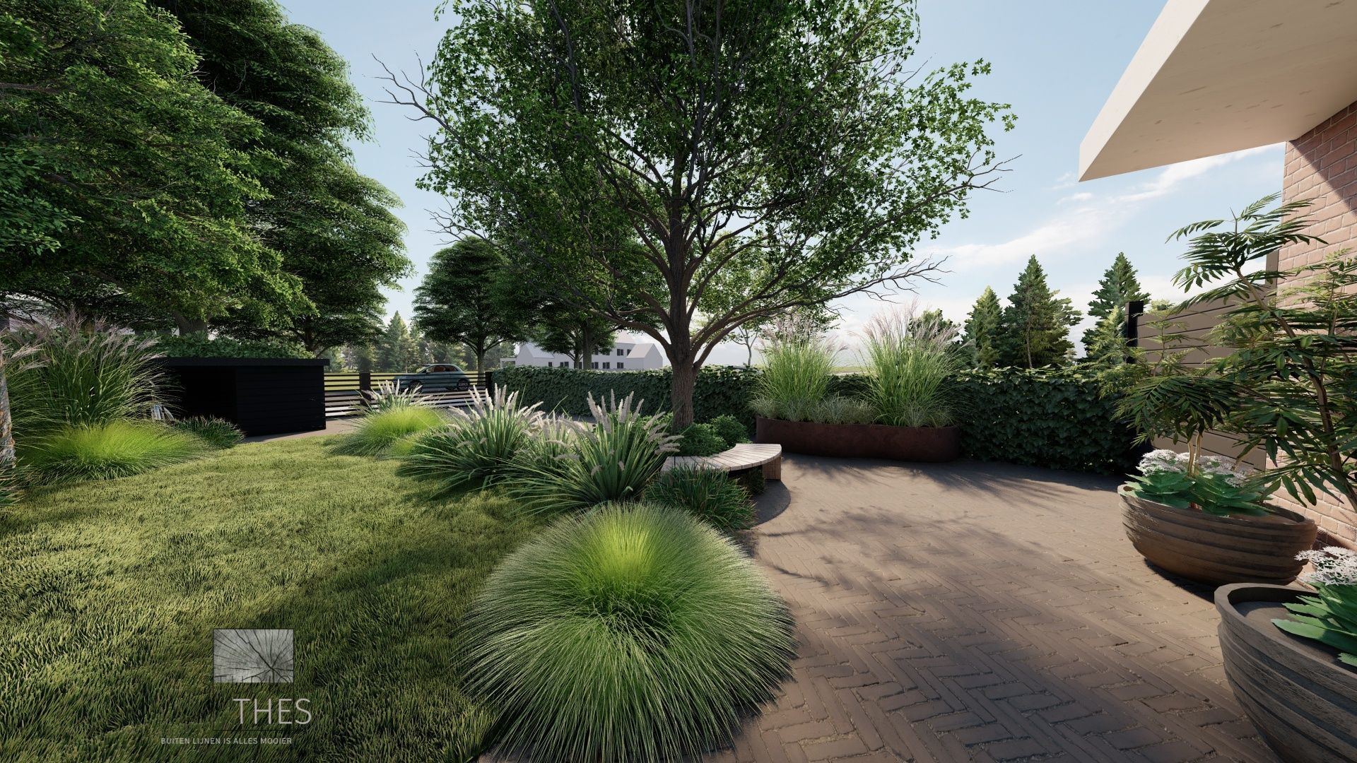 Een impressie van een tuin met bomen en struiken.