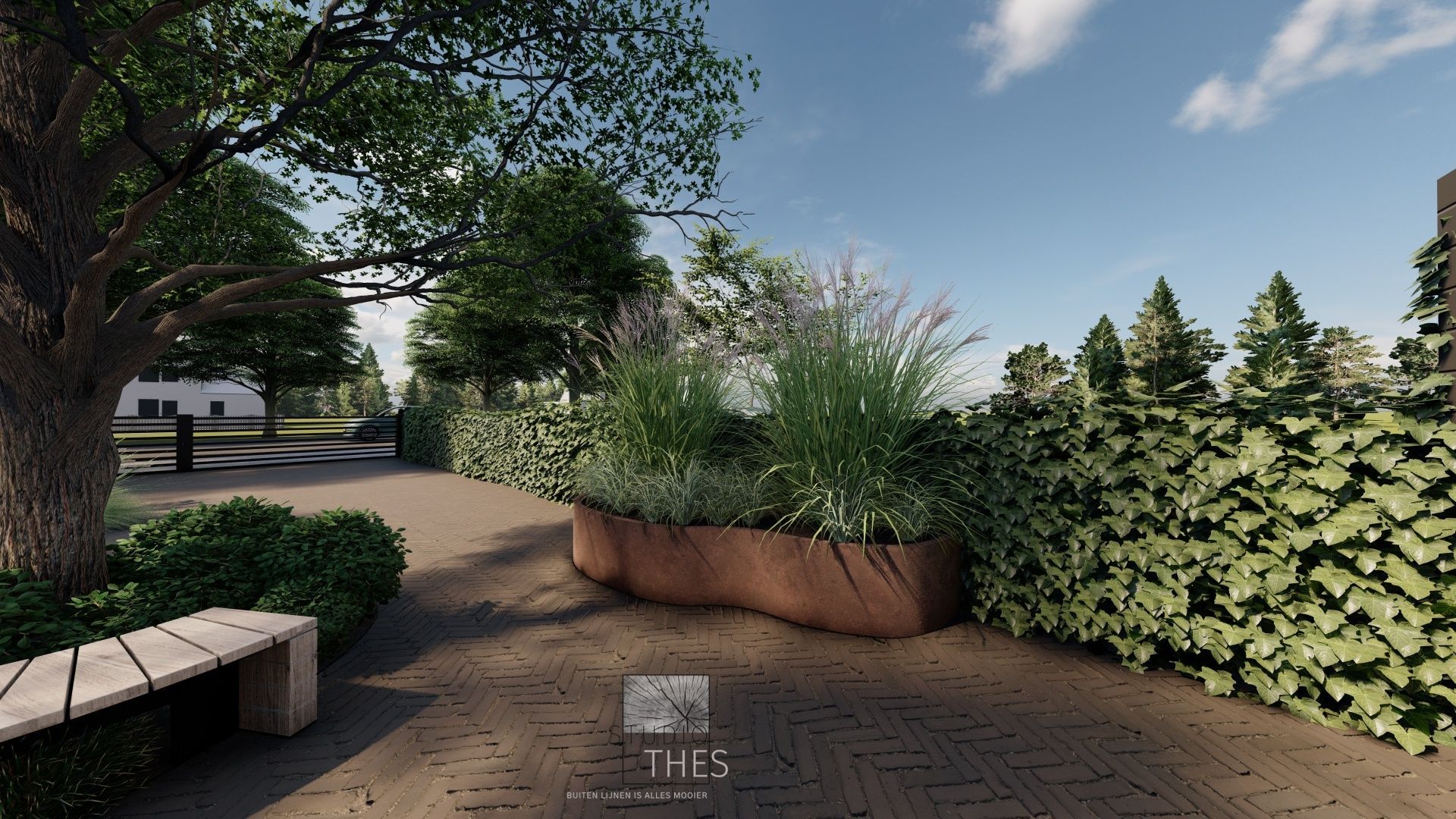 Een weergave van een tuin met een boom en een bank.