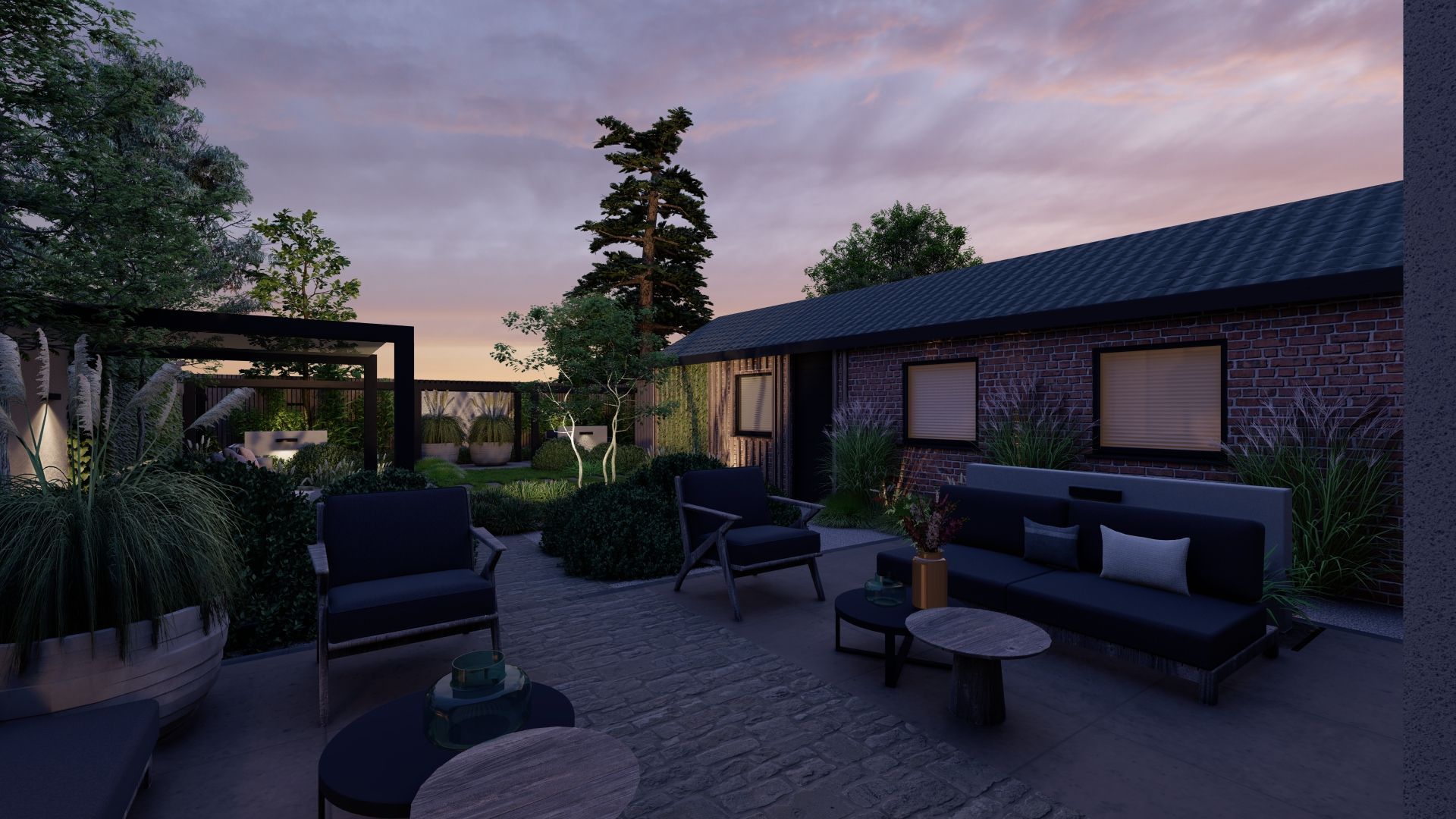 Een impressie van een terras met een bank, stoelen en een tafel.