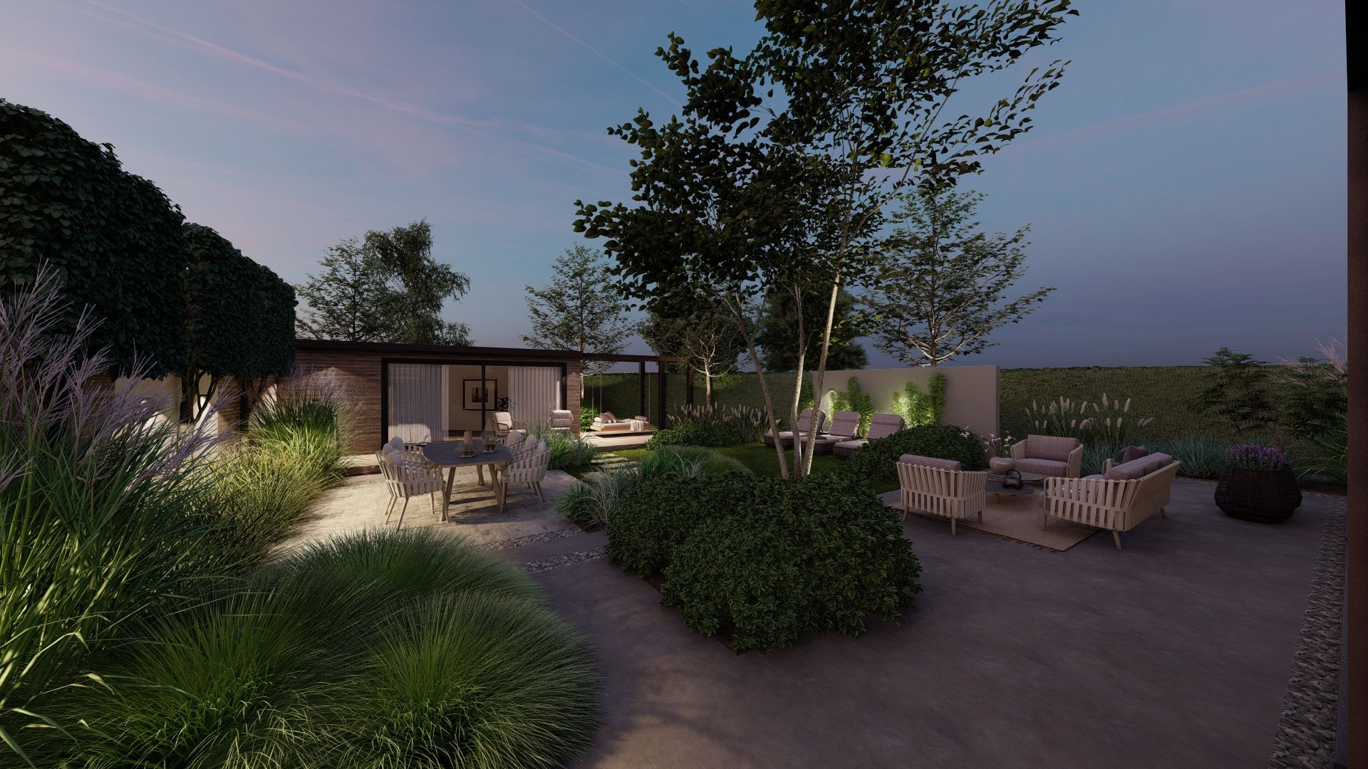 Een impressie van een tuin met een huis op de achtergrond 's nachts.