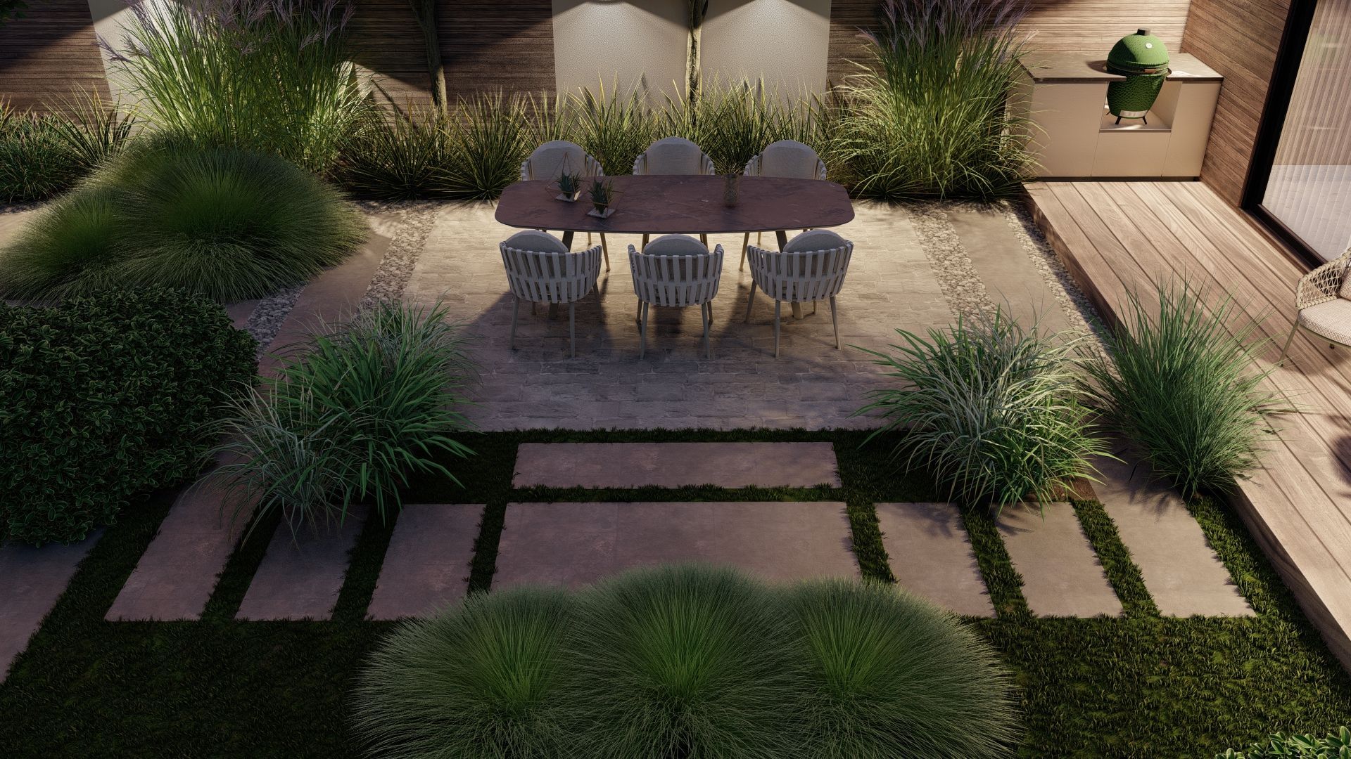 Een luchtfoto van een terras met een tafel en stoelen.