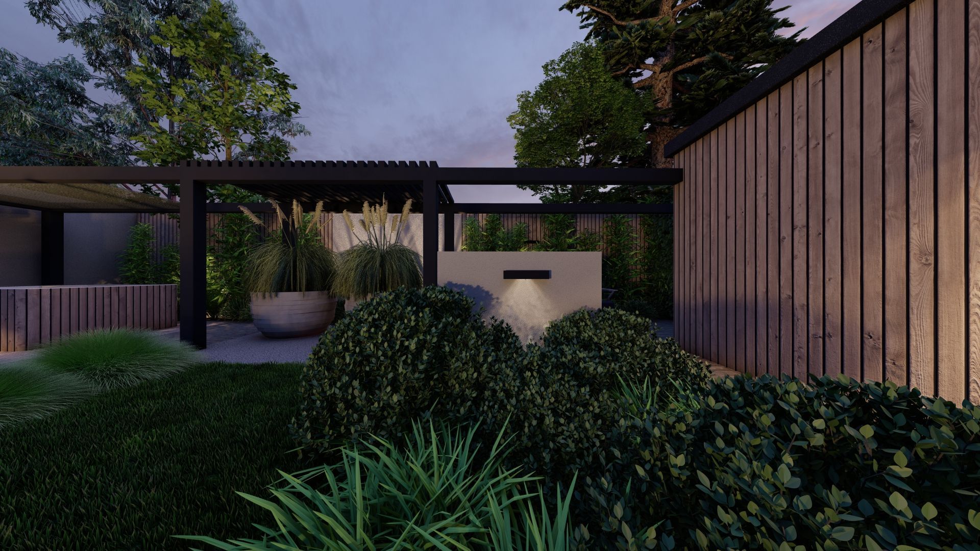 Een 3D-weergave van een tuin met een houten hek en een pergola.