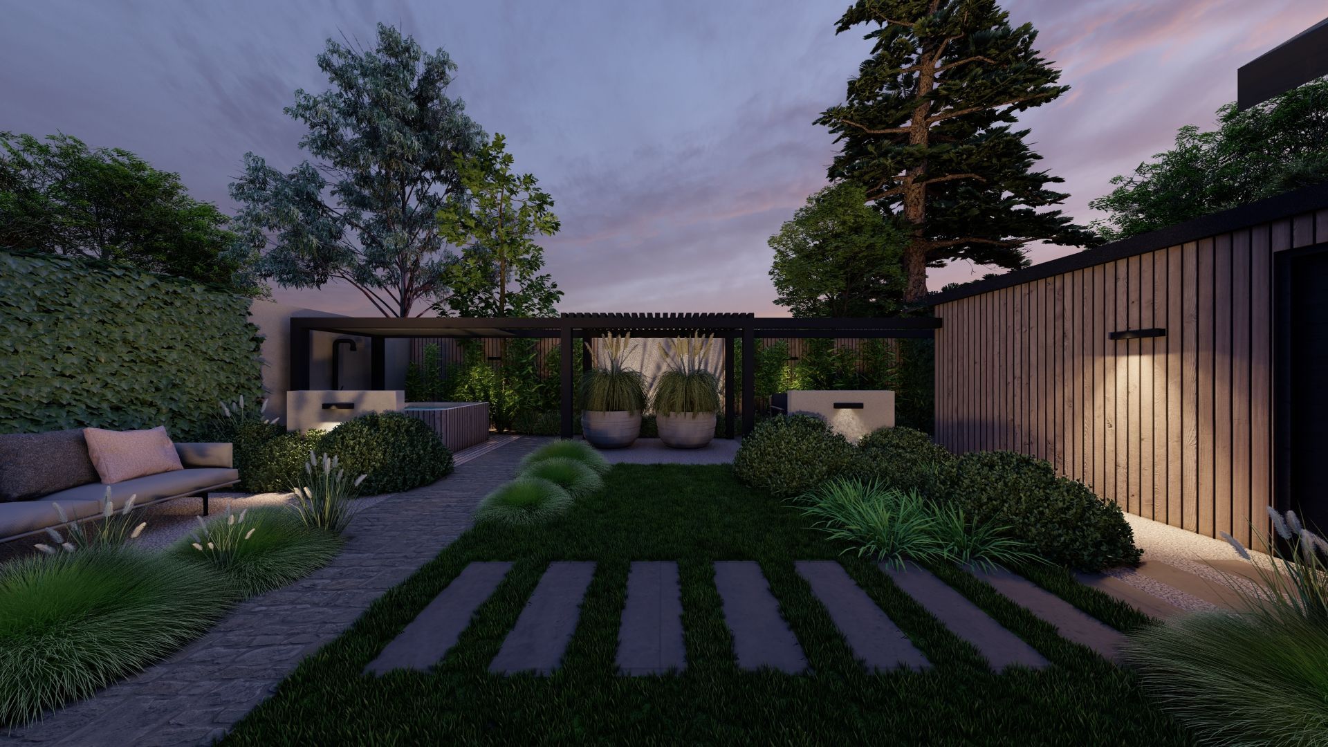 Een impressie van een achtertuin bij nacht, met een gazon en een pergola.