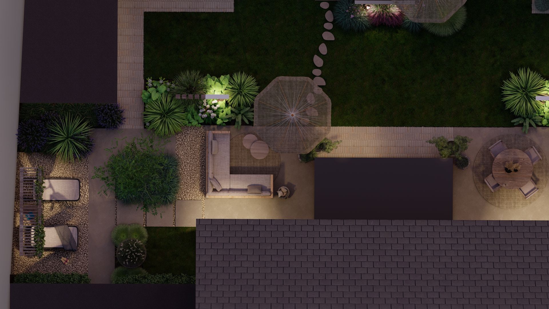 Een luchtfoto van een achtertuin bij nacht, met een terras en parasol.