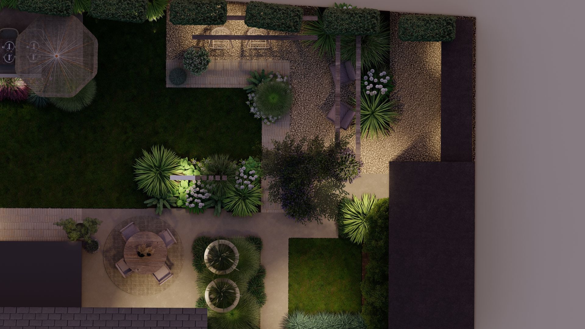 Een luchtfoto van een tuin bij nacht.