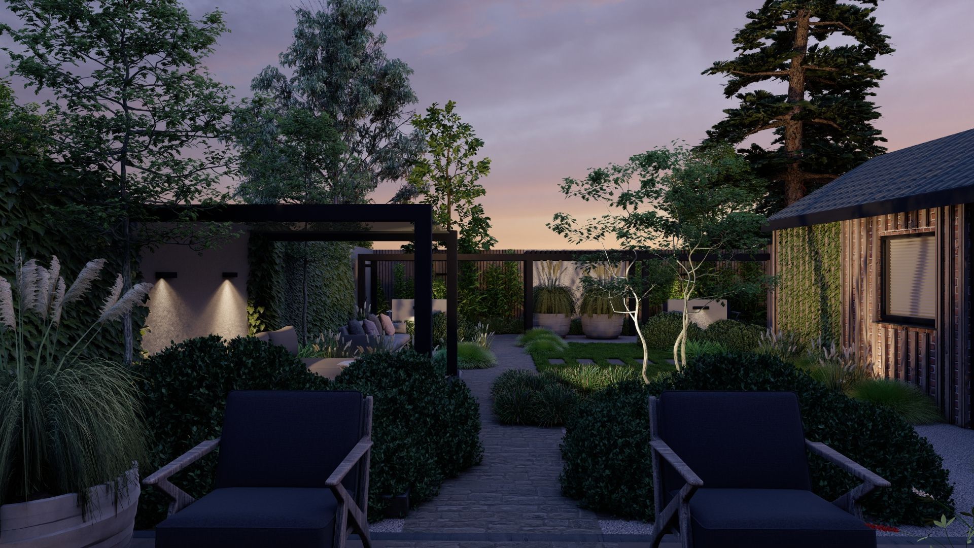 Een weergave van een tuin met stoelen en een prieel bij nacht.