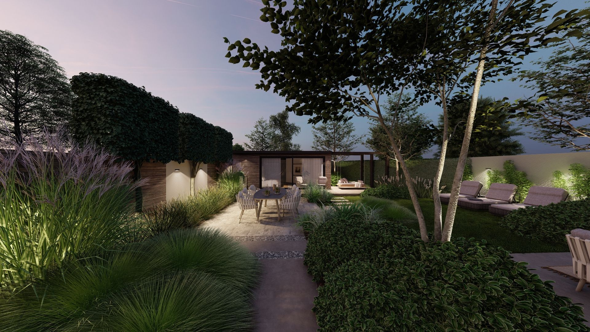 Een impressie van een tuin met een huis op de achtergrond.