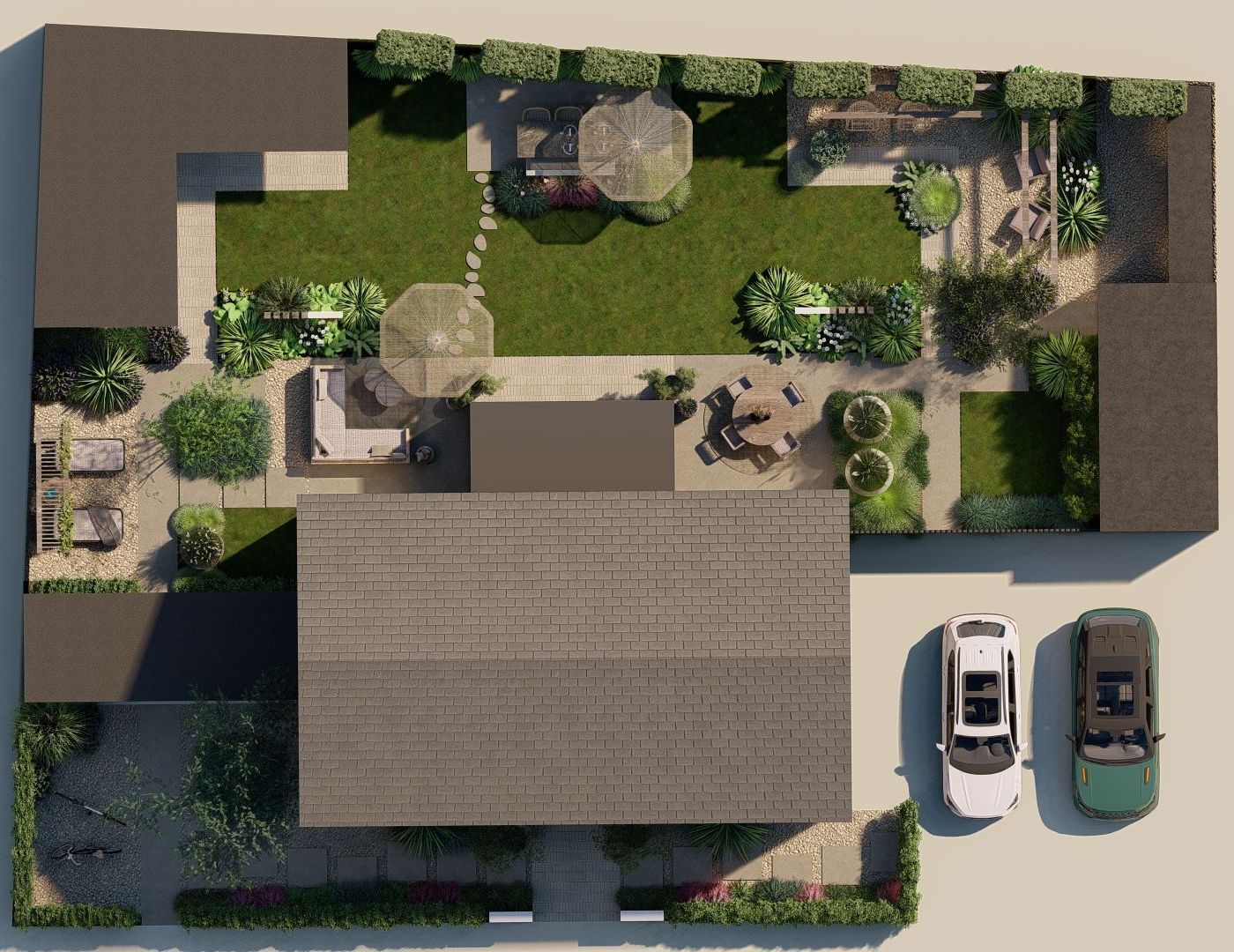 Een luchtfoto van een huis met een auto ervoor geparkeerd