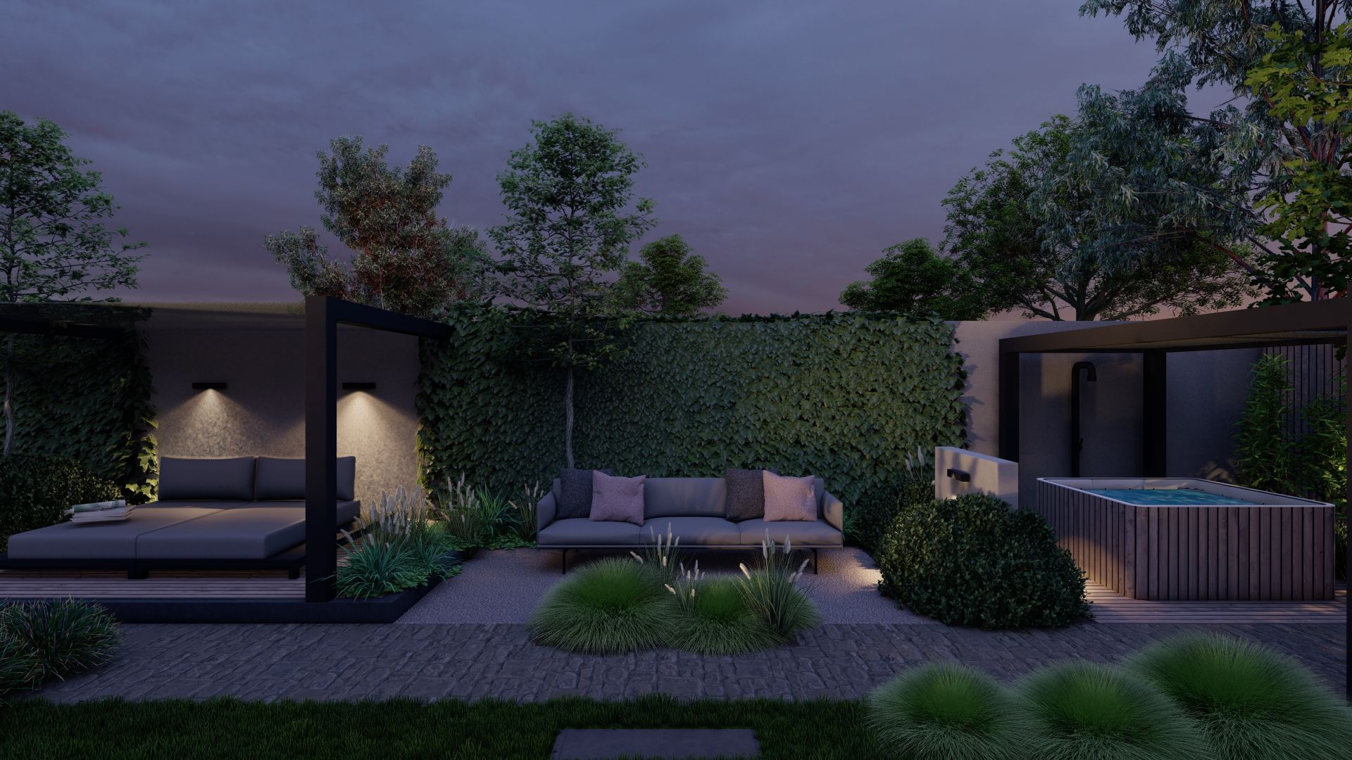 Een achtertuin met een bank en 's avonds een hot tub.