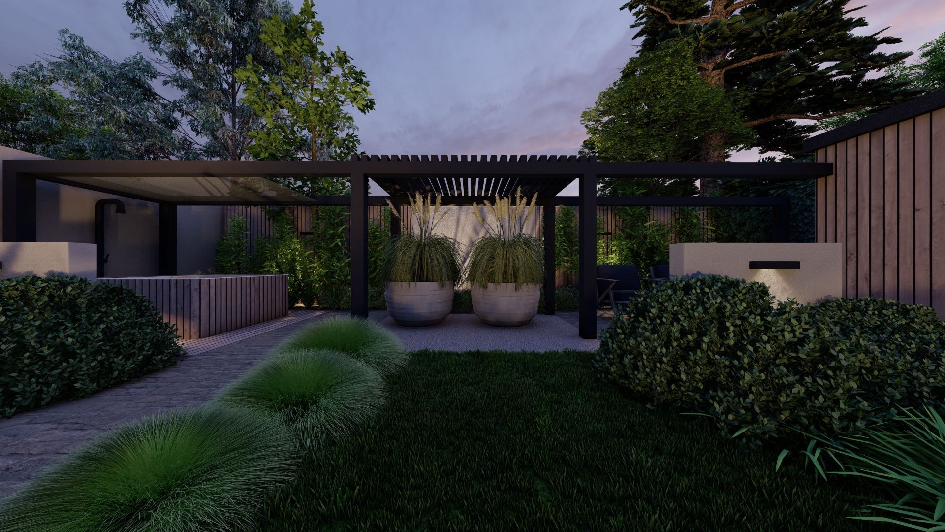 Een weergave van een tuin met een pergola en potplanten.