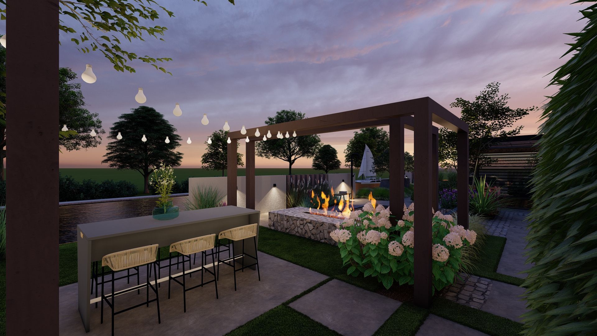 Een impressie van een terras met vuurplaats, tafel en stoelen.