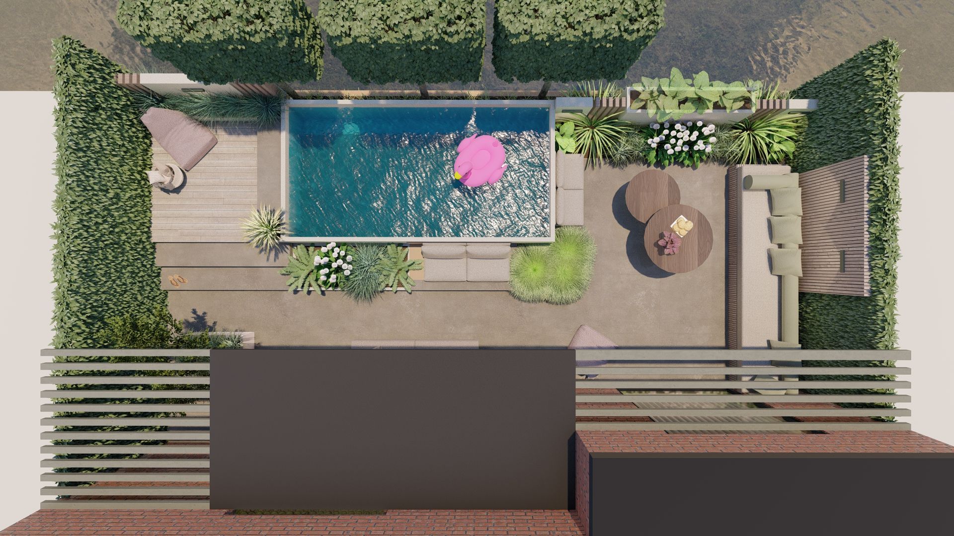 Een luchtfoto van een zwembad met een roze vlotter erin.