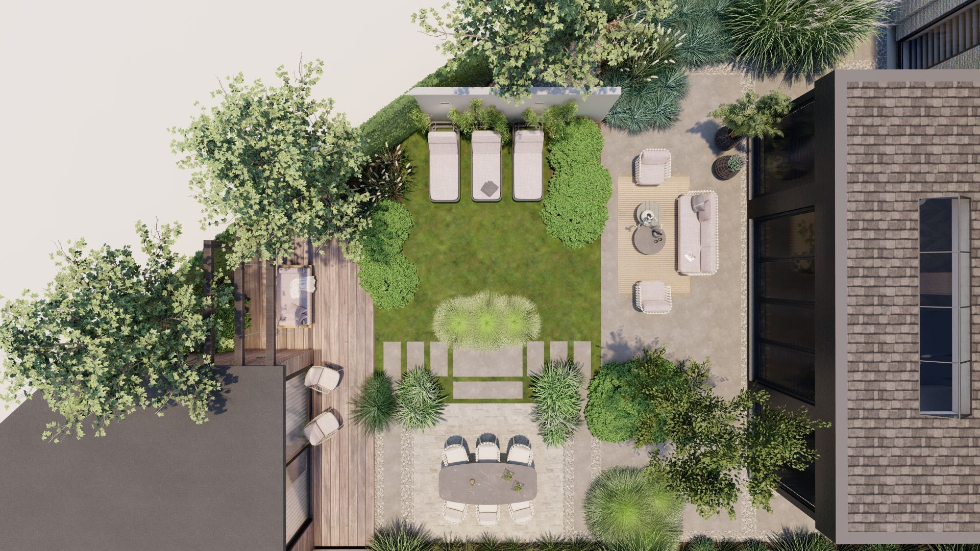 Een luchtfoto van een tuin met een tafel en stoelen.