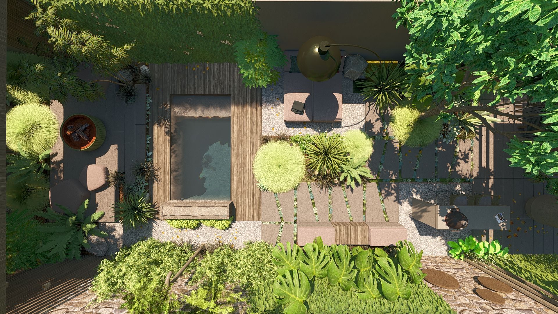 Een bovenaanzicht foto van een tuin met een zwembad, overkapping en ligstoelen op grind.