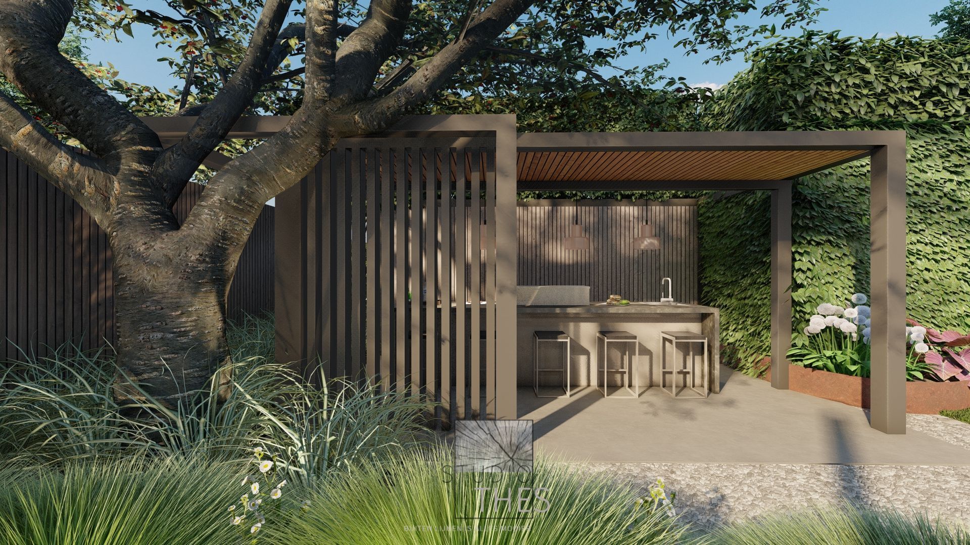 Een ontwerp van een tuin met een open overkapping met zonnedoek