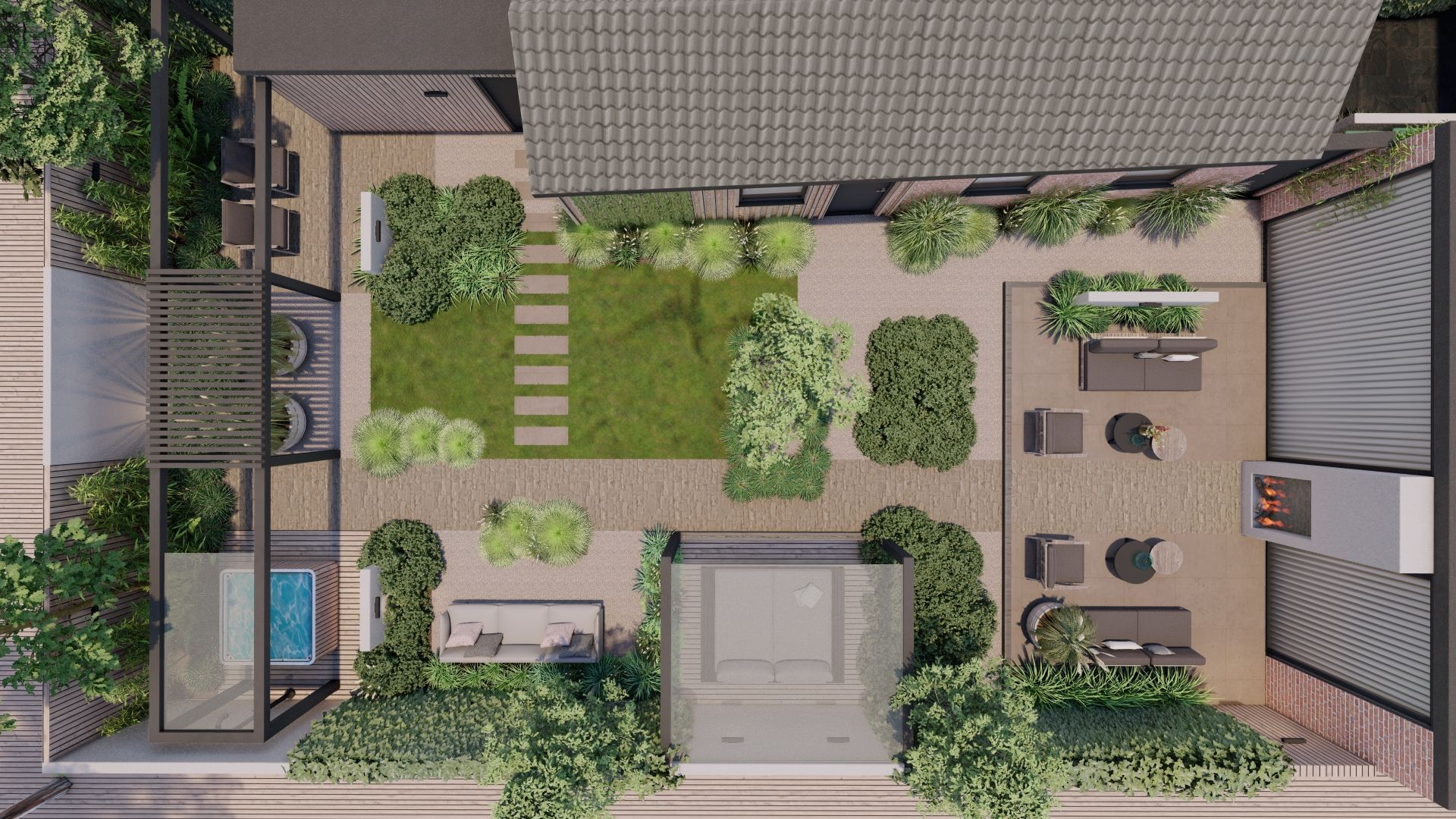 Een luchtfoto van een tuin met een huis op de achtergrond.