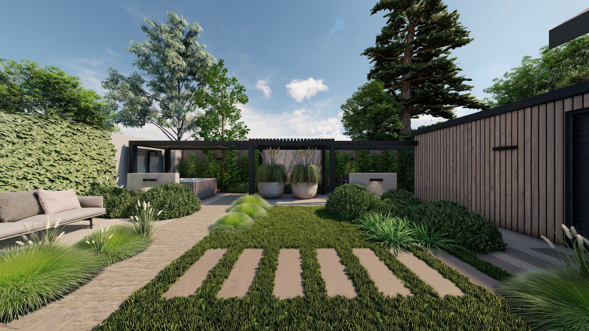 Een impressie van een tuin met een zebrapad in het midden.