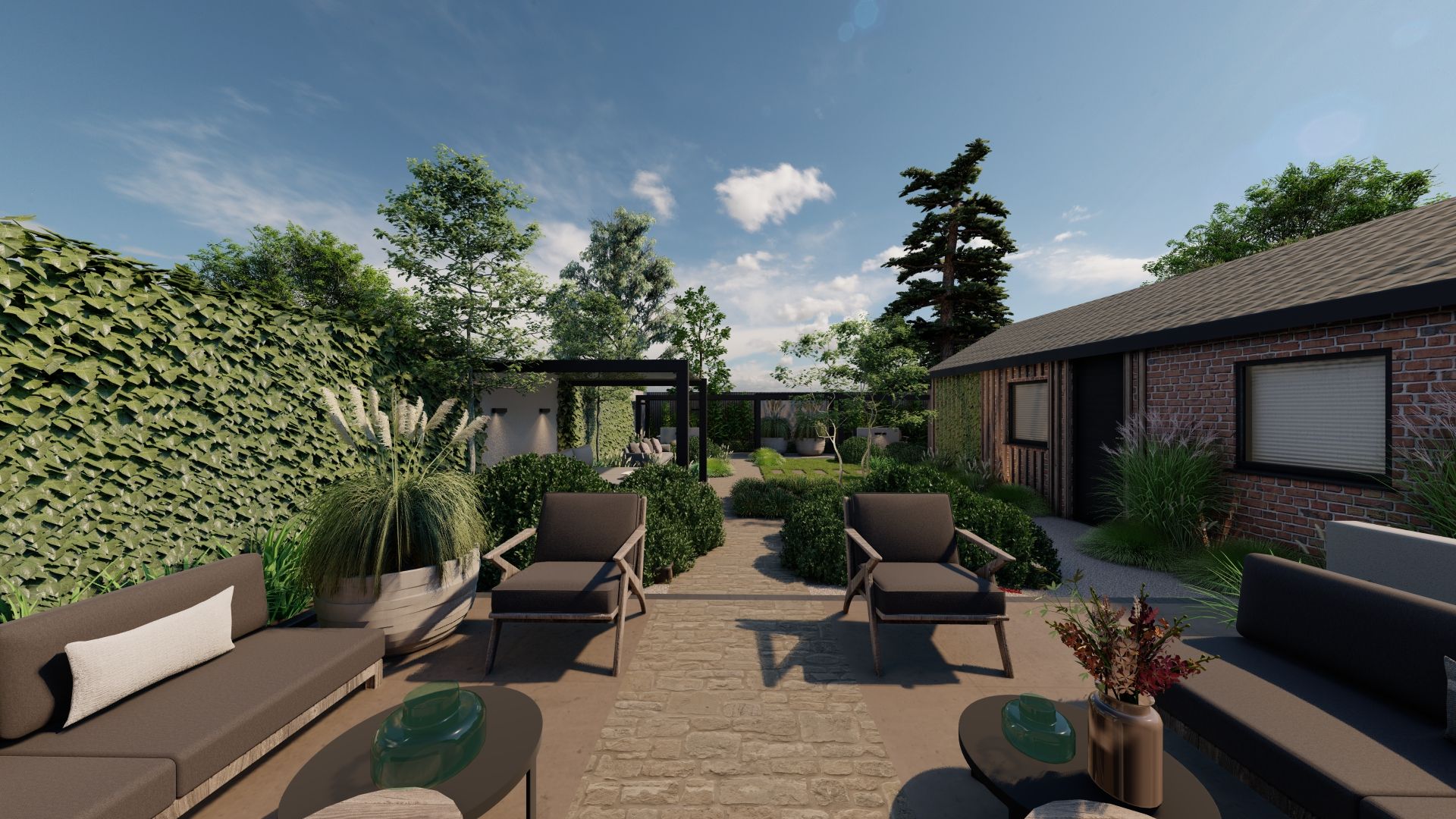 Een impressie van een terras met een bank en stoelen.