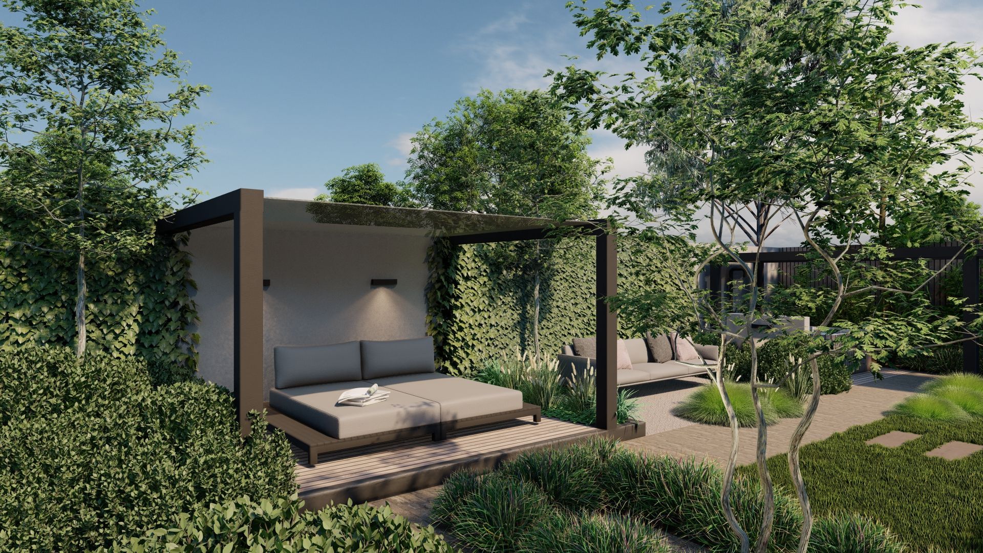 Er is een bed onder een pergola in het midden van een tuin.