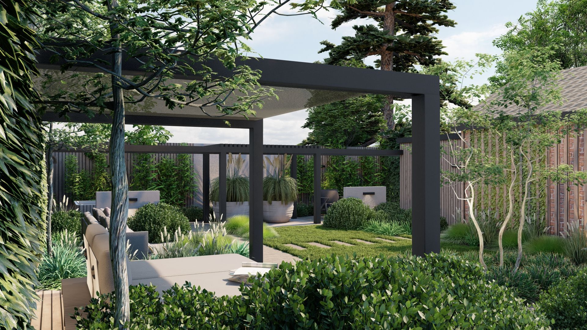 Een impressie van een tuin met pergola en bomen.