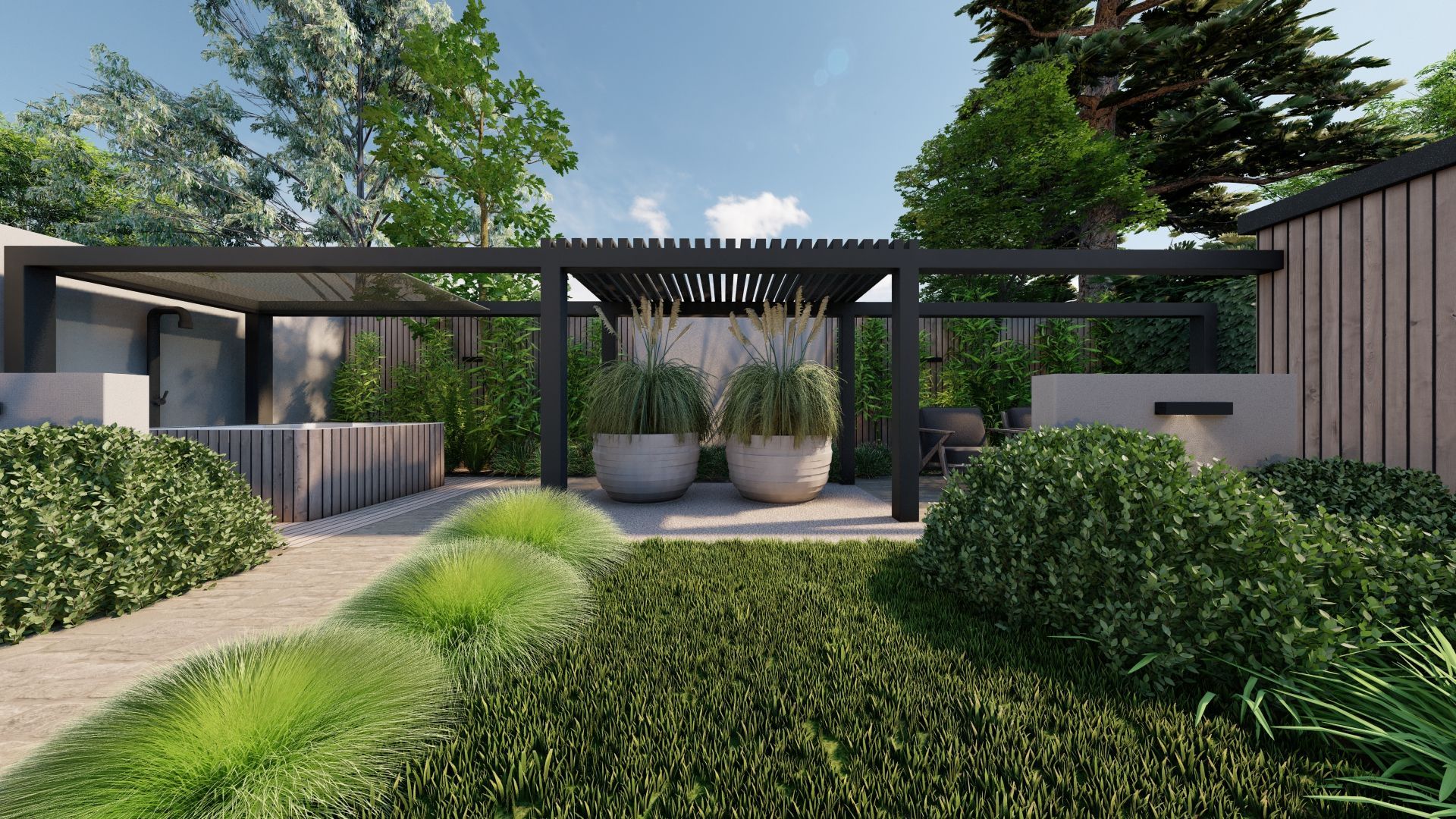 Een impressie van een achtertuin met een pergola en potplanten.