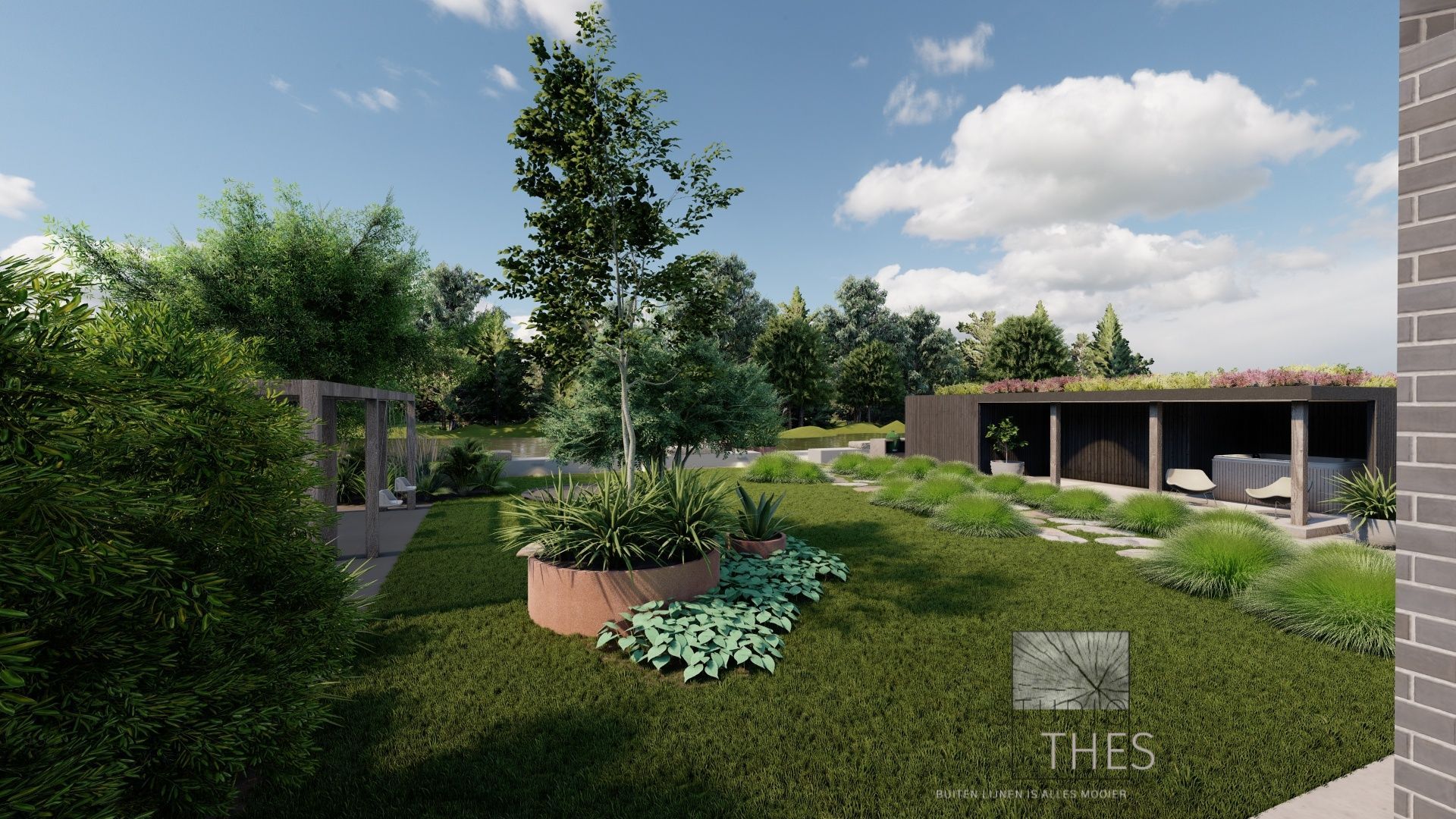 Een impressie van een tuin met een buitenhuis op de achtergrond