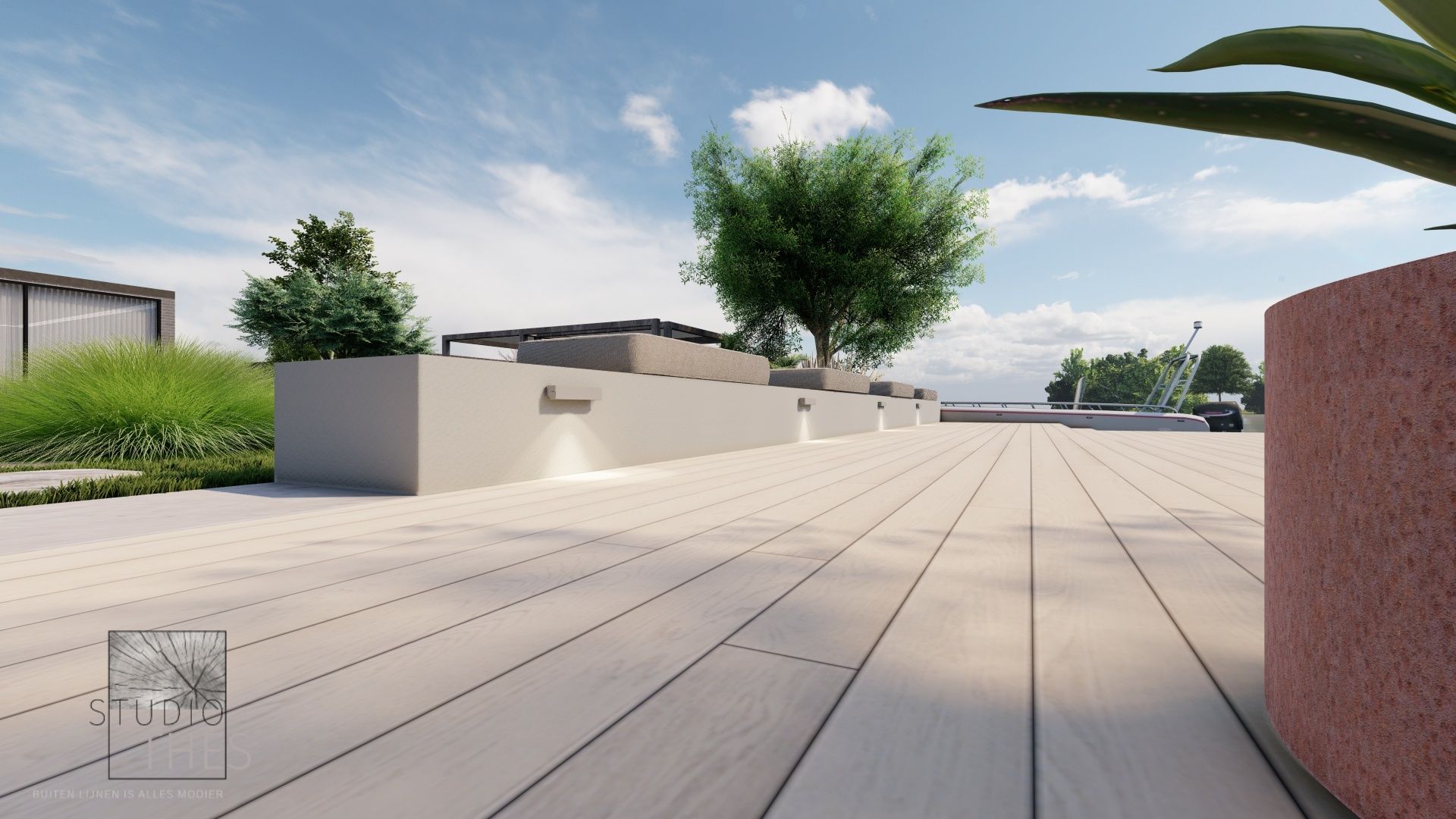 Een 3D-weergave van een terras met een boom op de achtergrond.