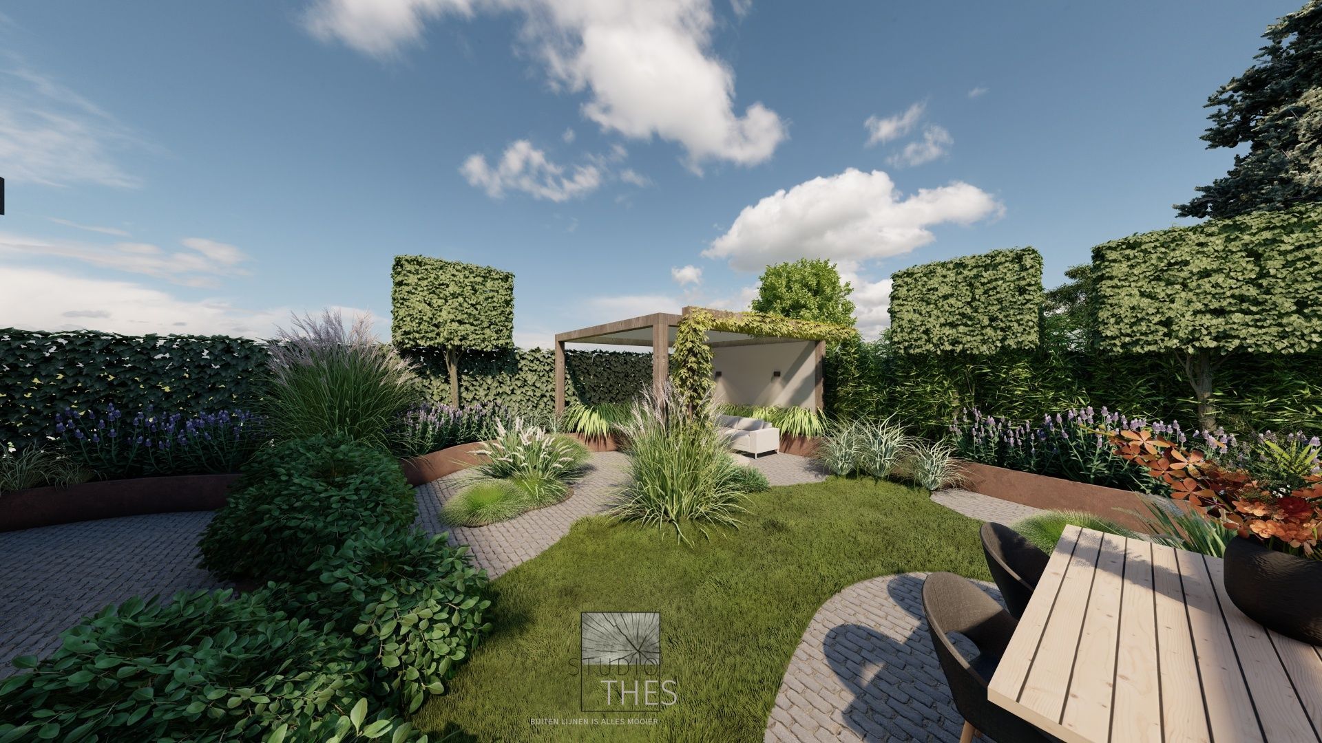 Een computergegenereerde afbeelding van een tuin met een tafel en stoelen.